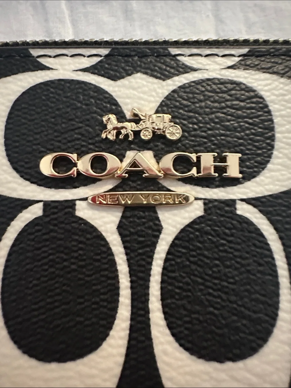 Coach Large Black & White Signature Zip Wristlet with Gold Logo